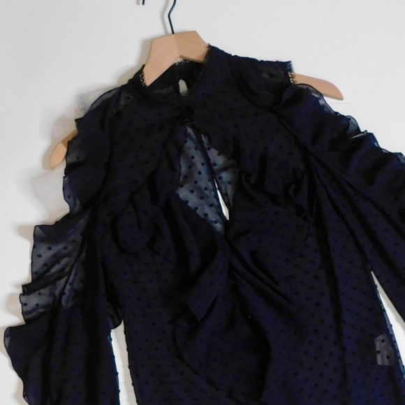 NICHOLAS Navy Blue Swiss Dot Cutout Cold Shoulder Top Blouse Ruffle Size 0 - Picture 5 of 15